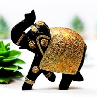Golden Wooden Elephant Showpiece | Small Decorative Animal Figurine for Table Display