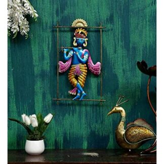 Krishna Playing Flute Wall Art | Traditional Indian Metal Frame Featuring Lord Krishna | Spiritual Handmade Home Decoration for Living Room or Puja Space