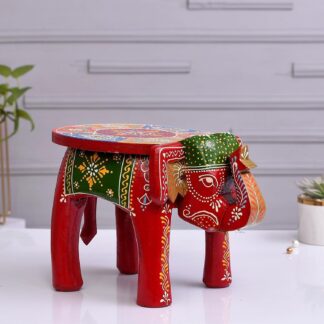 Red Elephant Mini Stool | Artistic Wooden Animal Decor for Room Styling | Pack of 2