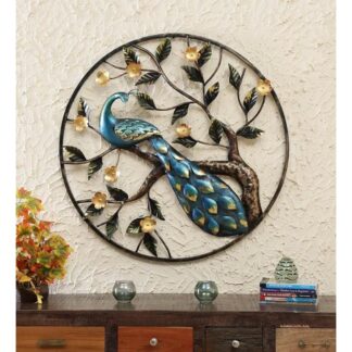 Iron Peacock on Tree in Ring | Wall Art, Hanging Decor | Home Decoration for Living Room, Bedroom, Office, Hotel, Restaurant | Handcrafted Metal Artwork, (Multicolour)
