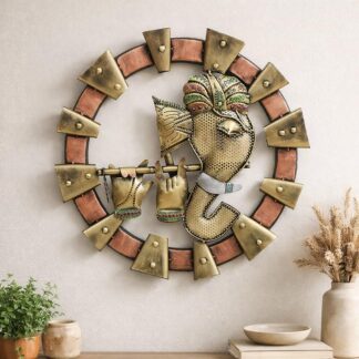 Bansuri Ganesha Metal Wall Art (19 Inch) | Round Leaf Frame Lord Ganpati Wall Hanging | 3D Handcrafted Iron Flute Idol for Living Room, Pooja Room & Entrance Decor