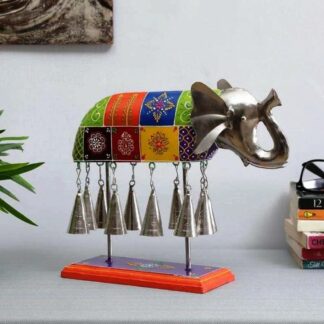 Hand Painted Bell Elephant Multicolour Iron Wood - Blue