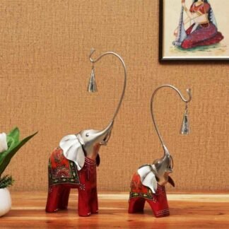 Hand Painted Bell Elephant Multicolour Iron Wood - set of 2
