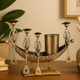 HOUSMART™ Boat Pen Stand (4-Man Rowing Showpiece) | Copper Gold Table Organizer for Office Desk, Study Table & Executive Gifting