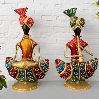 HOUSMART™ Golden Finish Rajasthani Musician Figurines Set of 2 | Handcrafted Metal Showpiece | 5x2x9 Inch