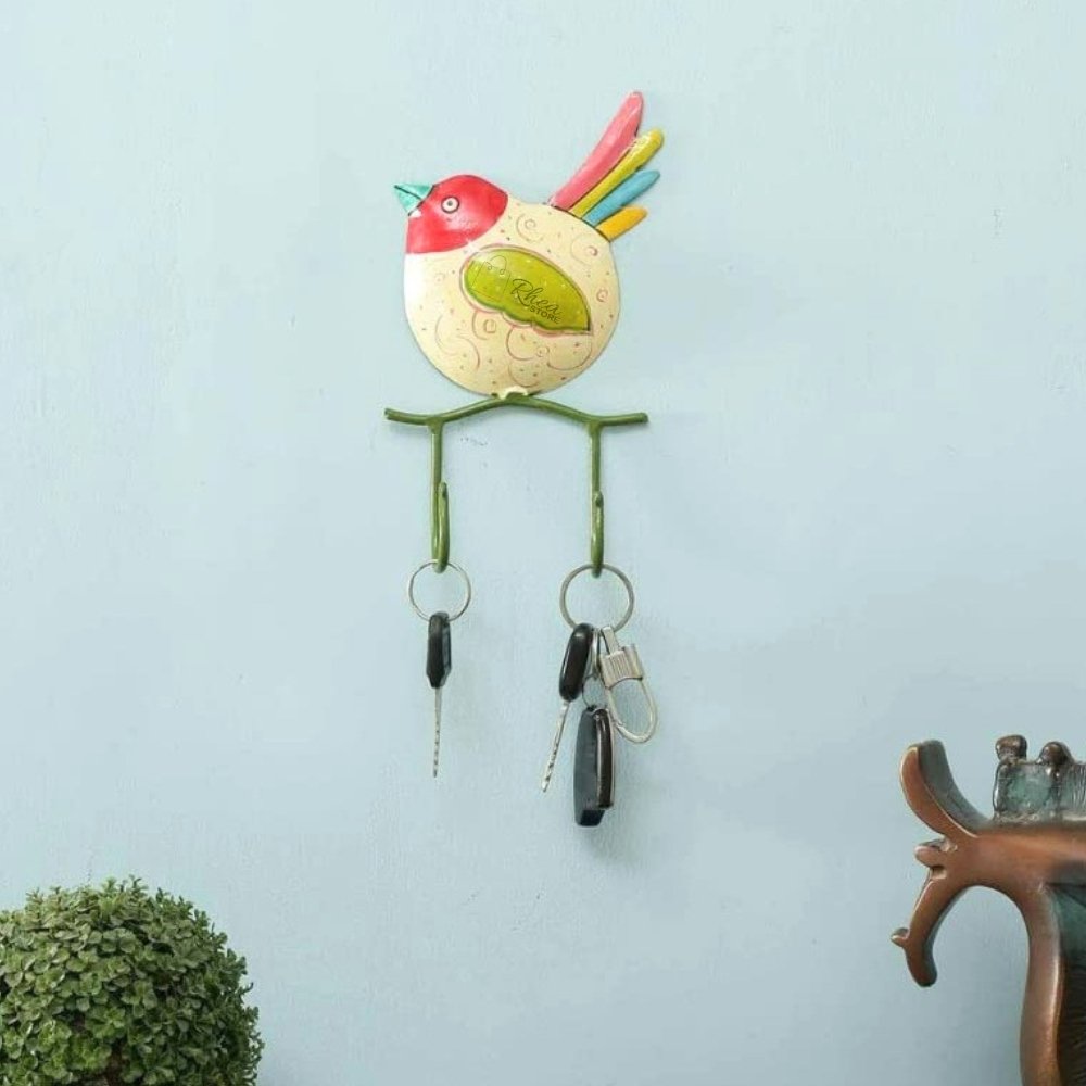 HOUSMARTâ„¢ Single Bird Design with 2 Wall Hook| Iron Key Holder | 8x6 Inch | Hand-Painted Home Decor | Entryway Key Organizer | Classic Finish