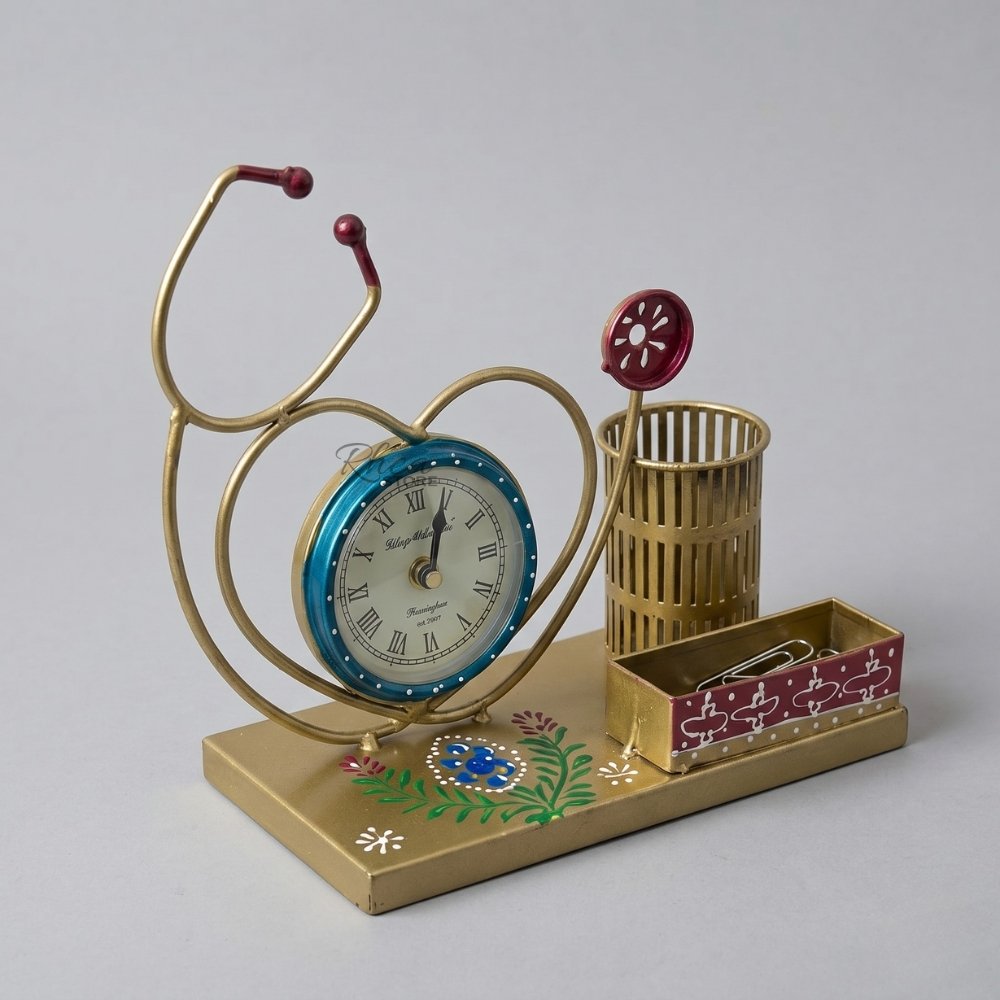 HOUSMARTâ„¢ Stethoscope Pen Stand with Working Desk Clock - Metal - Image 2