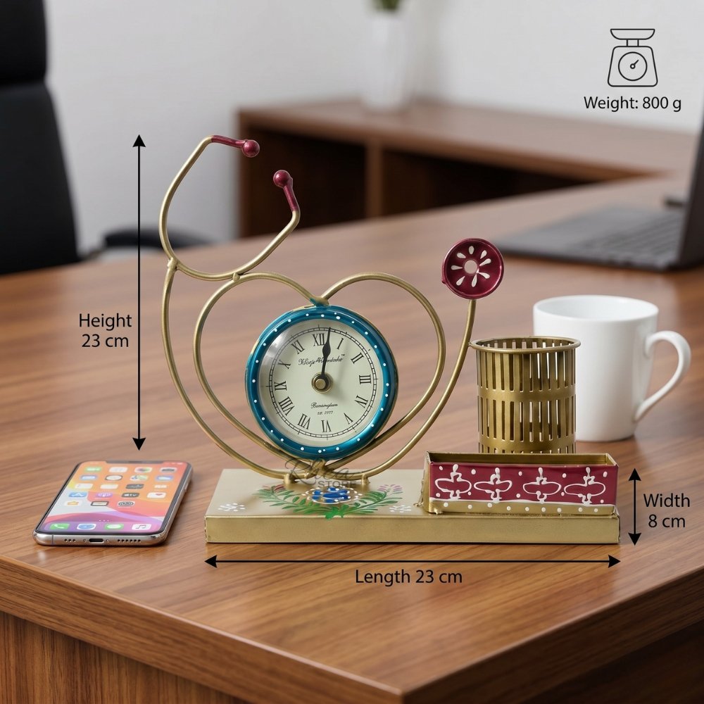 HOUSMARTâ„¢ Stethoscope Pen Stand with Working Desk Clock - Metal - Image 4