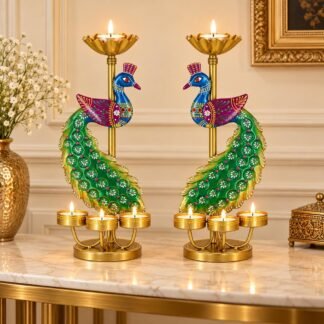 HOUSMART™ Peacock Candle Holder - Perfect Home Decoration Diwali, Intricate Design Tealight Candle Holders for Home Diwali Decor, Hand painted Tealight Candle Holder - 12 Inch Height
